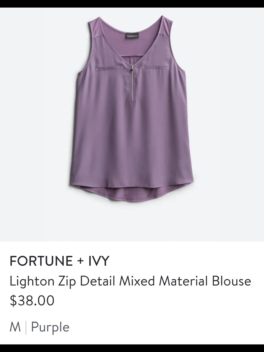 Fortune + Ivy Lavender Zip-Front Mixed-Material Sleeveless Blouse